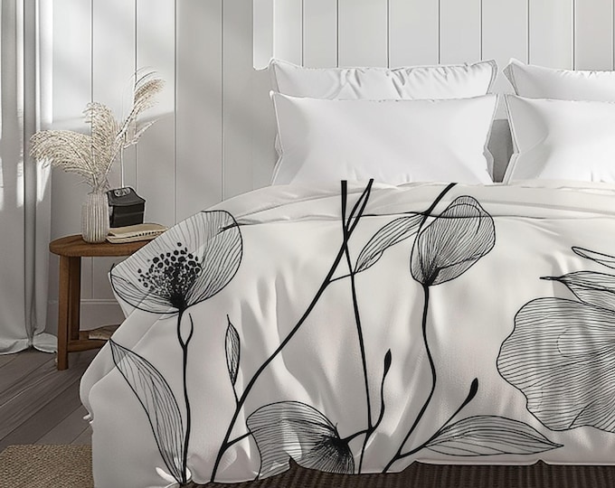 Watercolor Gray Floral Cotton Duvet Cover | Neutral Botanical Bedding