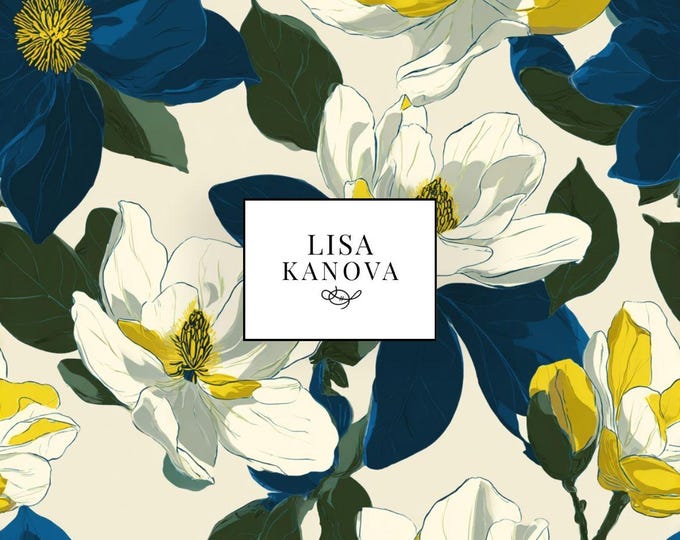Exclusive License | Blue, Ivory and Yellow Floral Seamless Repeat Pattern | Lisa Kanova Surface Design