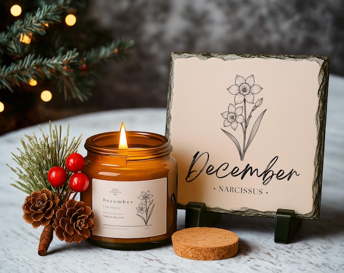 Birth Flower Gift Set • Candle & Slate Stone • December Narcissus • Birthday • Holiday • Keepsake Home Decor