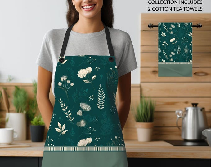 Designer Kitchen Collection | Apron and Two Cotton Tea Towels in Teal Garden
