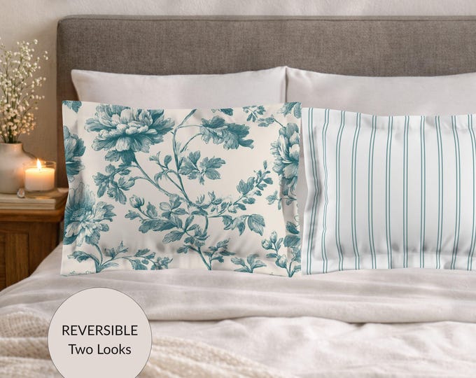 100% Cotton Reversible Pillow Shams – Proper Teal Toile Collection
