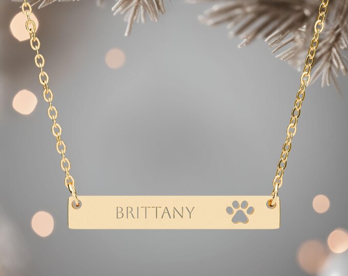 18in. Custom Name Cutout Paw Bar Necklace (Engraving)