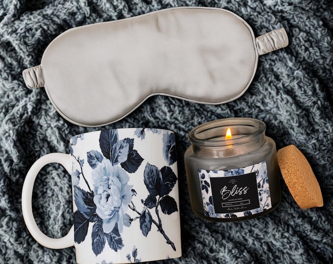 Self-Care Gift Box – Gray Silk Sleep Mask, Soy Candle & Ceramic Mug Set
