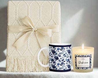 Luxury Blanket, Mug & Candle Gift Set • Exclusive Kanova Toile Collection • Personalized Gift Box in Kanova Garden Blue