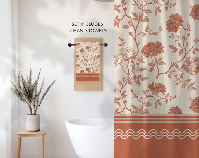 Designer Toile Bath Set • Vintage Floral Shower Curtain and 2 Hand Towels in Garden Terracotta