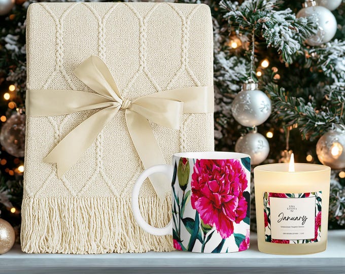 Luxury Birth Flower Gift Set • Tassel Blanket, Soy Candle & Ceramic Mug - January Carnation