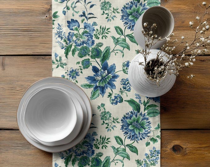 Cotton Twill Table Runner | Bold Botanical Table Linens in Garden Fancy at the Seaside