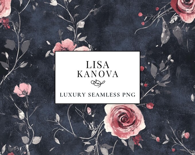 Painterly Rose PNG Pattern: Dusky Navy Floral, Seamless Design (Digital Download)