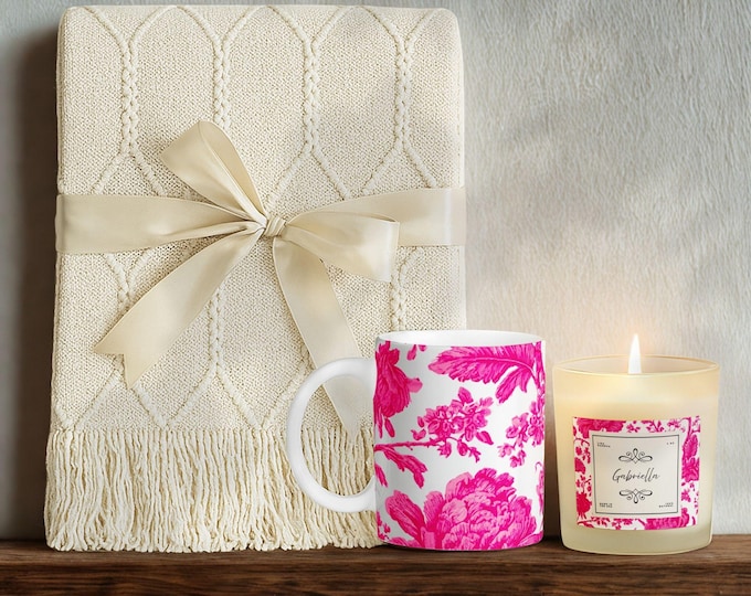 Luxury Personalized Gift Set • Tassel Blanket, Soy Candle & Ceramic Mug