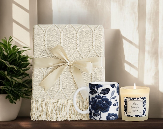 Luxury Personalized Gift Set • Tassel Blanket, Soy Candle & Ceramic Mug