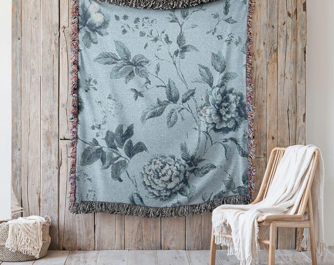 Statement Heirloom Cotton Woven Throw,  A Bold, Curated Textile for Modern Interiors in Vintage Blue at Dusk