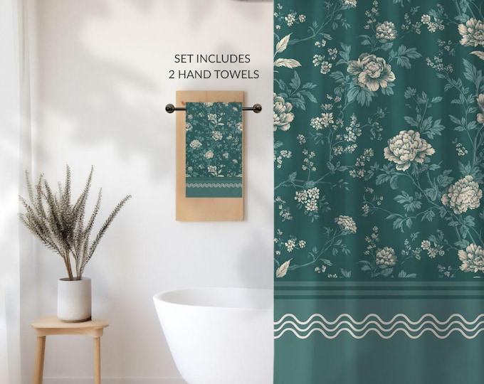 Designer Toile Bath Set • Vintage Floral Shower Curtain and 2 Hand Towels in Manor Teal