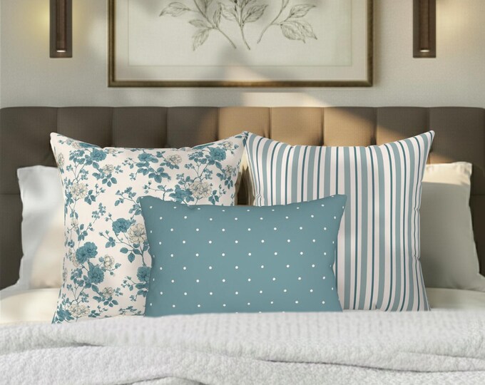 Kanova Designer Pillow Trio – Toile + Stripe + Dotted Lumbar | 2 x 20" Pillows + 20x14 Lumbar | Vintage Bedding | Cottage Blue Set