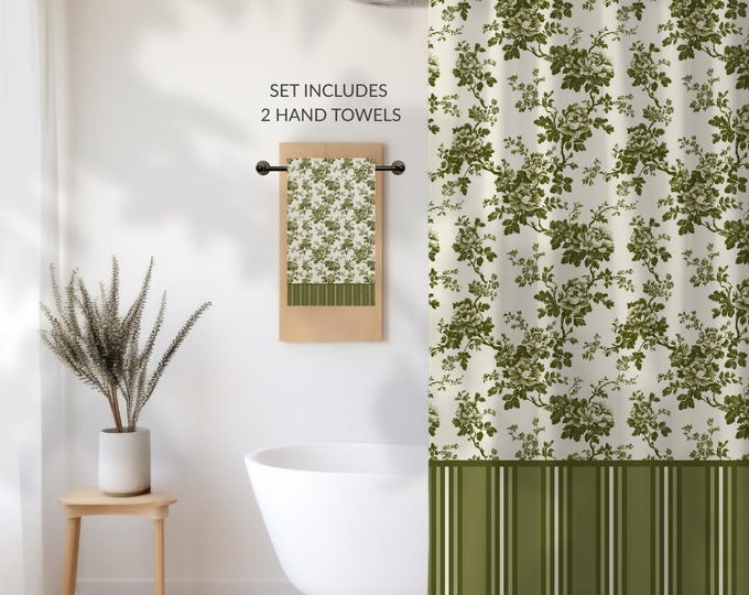 Moss Green Toile Shower Curtain Set • Vintage Floral Bathroom Decor