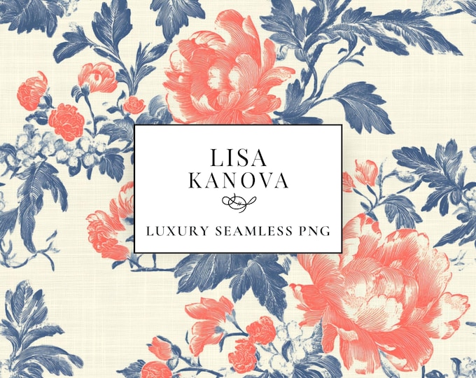 Coral Peony & Navy Foliage Pattern by Lisa Kanova (Seamless PNG)