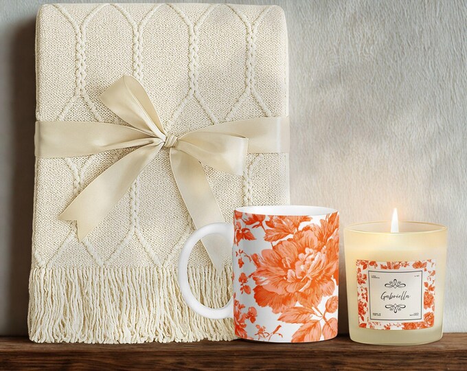Luxury Personalized Gift Set • Tassel Blanket, Soy Candle & Ceramic Mug