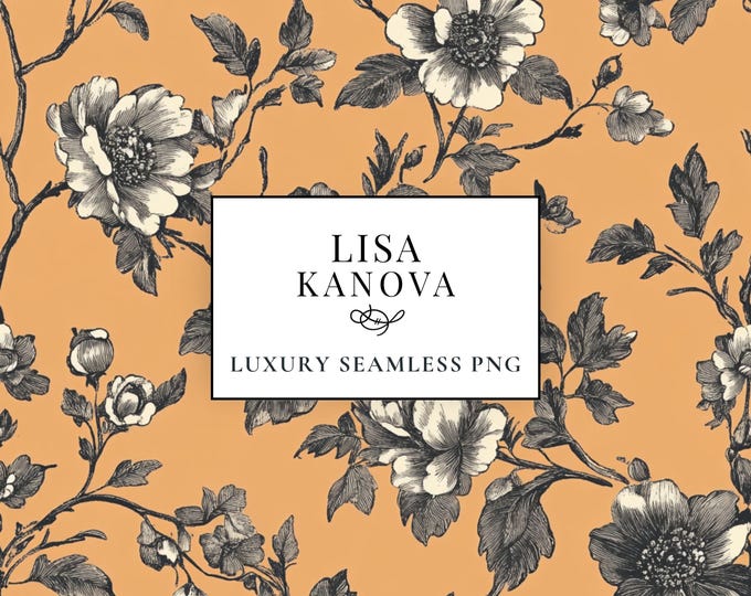 Floral Seamless Pattern, Amber & Charcoal (PNG Digital Download)