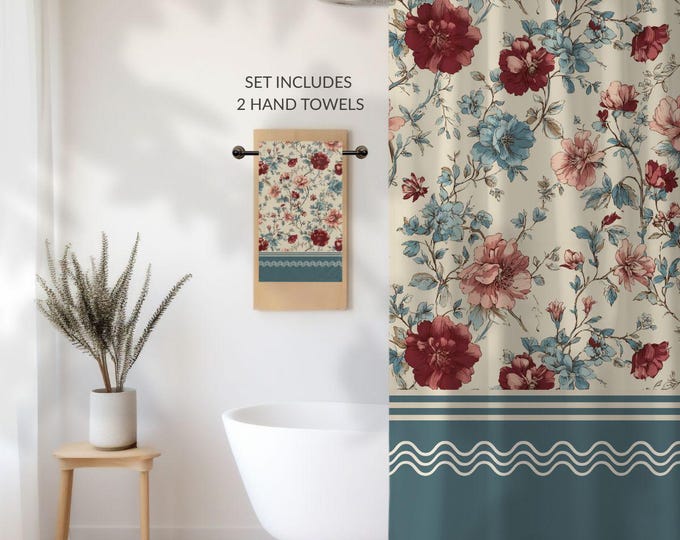 Designer Toile Bath Set • Vintage Floral Shower Curtain and 2 Hand Towels in Evening Garden