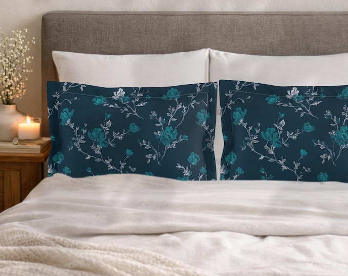 100% Cotton Reversible Pillow Shams in Tideglass Bloom at Sea from The Heritage Toile Collection