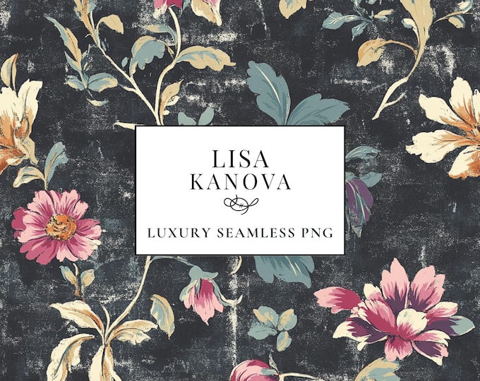 Floral Seamless Pattern, Moody Vintage Teal, Rose, Black (PNG Digital Download)