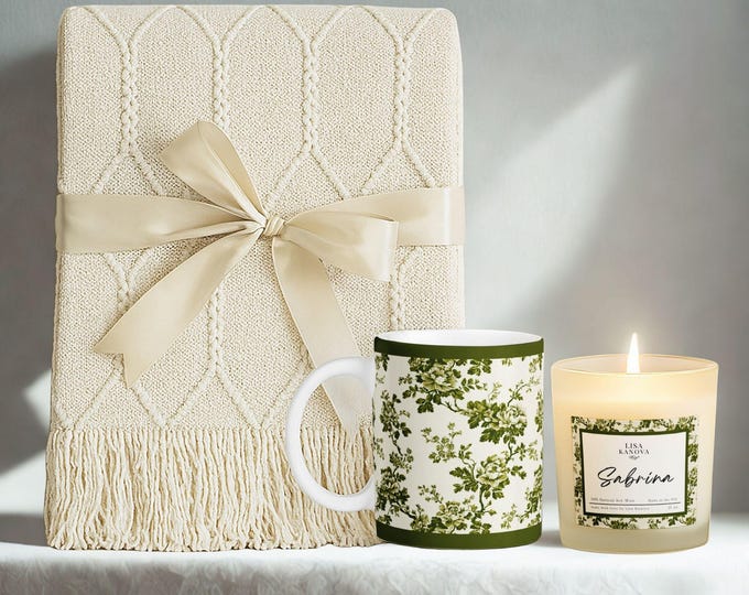 Kanova Toile Blanket, Mug & Candle Gift Set, Personalized Gift Box