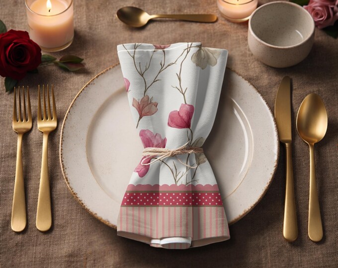 Designer Set of 4 - 100% Cotton Twill 22" x 22" Modern Heirloom Napkins in Vintage Valentine