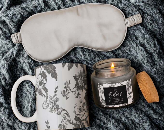 Self-Care Gift Box – Gray Silk Sleep Mask, Soy Candle & Ceramic Mug Set