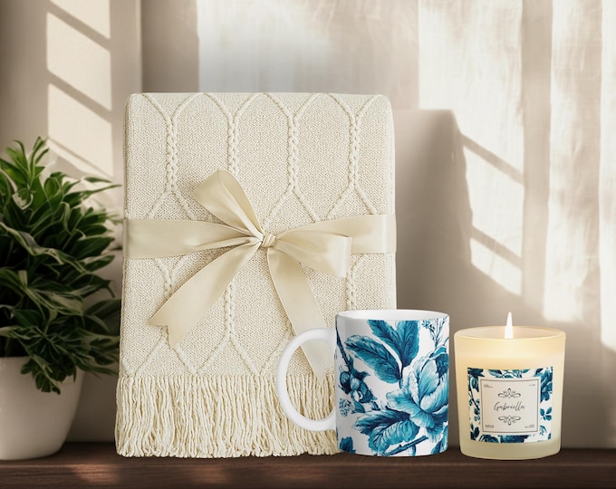 Luxury Personalized Gift Set • Tassel Blanket, 11 oz. Soy Candle & Ceramic Mug