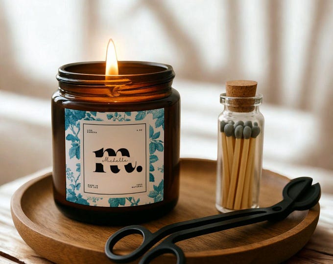 Personalized Soy Candle Gift Set: Floral Label, Matches, Wick Trimmer