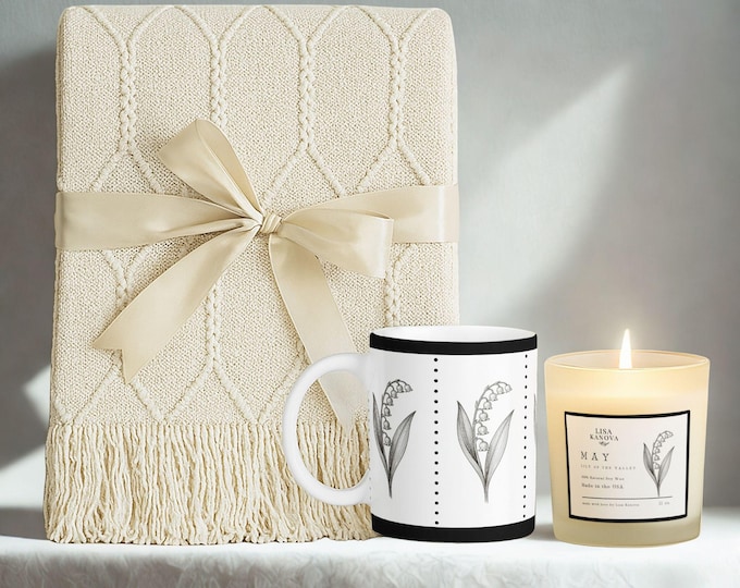 May Lily of the Valley Gift Set • Tassel Blanket, Art Mug & Soy Candle