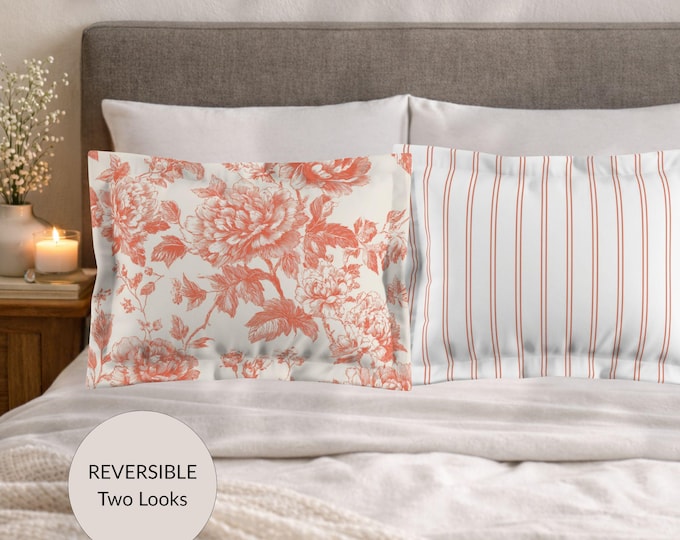 100% Cotton Reversible Pillow Shams – Proper Coral Toile Collection
