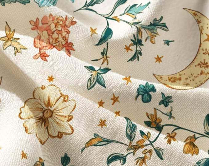 Floral Moon Pattern Fabric (Combed Cotton Pima) | Botanical Star Print