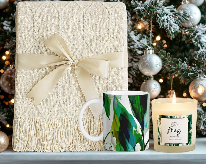 Birth Flower Gift Set • Lily of the Valley Blanket, Soy Candle & Mug
