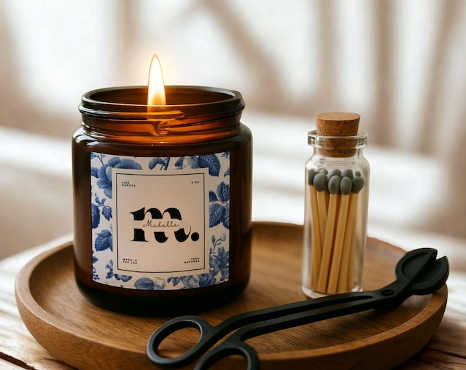 Personalized Soy Candle Gift Set: Floral Label, Matches & Wick Trimmer