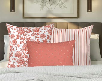 Kanova Designer Pillow Trio – Toile + Stripe + Dotted Lumbar | 2 x 20" Pillows + 20x14 Lumbar | Vintage Bedding | Coral Garden Set