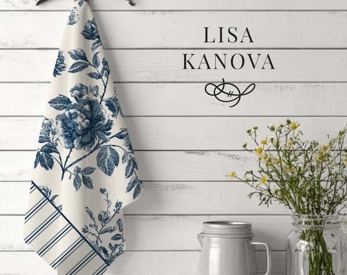 Blue Floral Toile Pattern 100% Cotton Tea Towel | Vintage Heirloom Motif