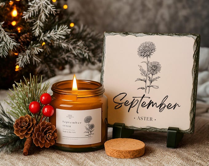 Birth Flower Gift Set • Candle & Slate Stone • September Aster • Birthday • Holiday • Keepsake Home Decor