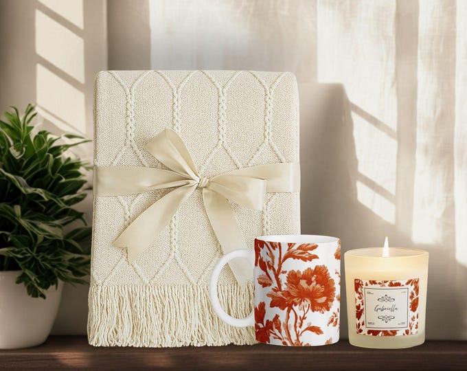 Luxury Personalized Gift Set • Tassel Blanket, Soy Candle & Ceramic Mug