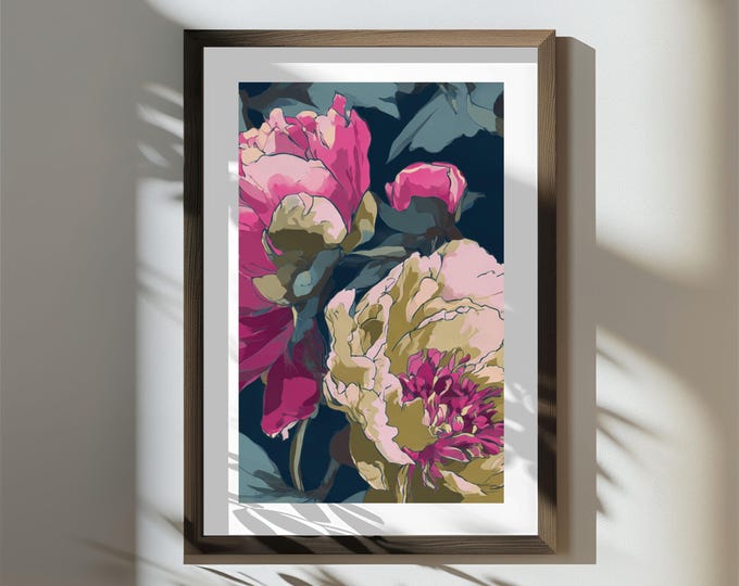 The Midnight Peony Ball | Statement Wall Art Print | Digital Download | Bold Maximalist Wall Art 24x36 | Gallery Wall Decor