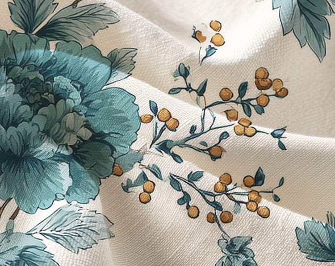 Pima Cotton Fabric, Tempting Teal Garden Toile, Apparel & Home Decor