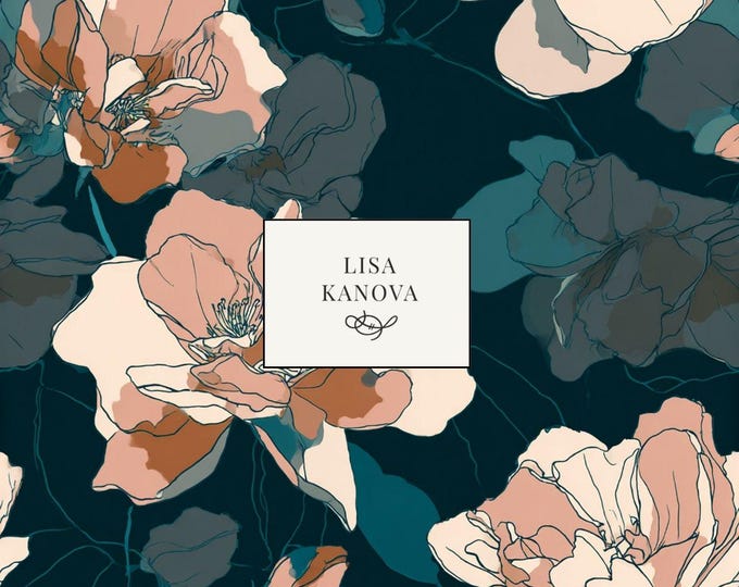 Deep Thoughts in the Courtyard | Slate Blue, Pink and Gray Floral Seamless Repeat Pattern | Lisa Kanova Surface Design