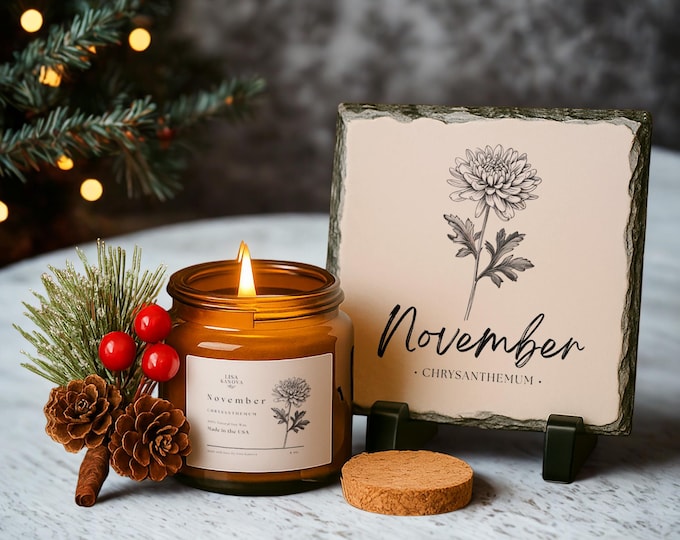 Birth Flower Gift Set • Candle & Slate Stone • November Chrysanthemum • Birthday • Holiday • Keepsake Home Decor