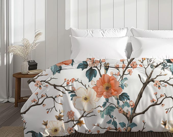 Vintage Floral Branch Pattern Cotton Duvet Cover | Peach Cream Blossoms