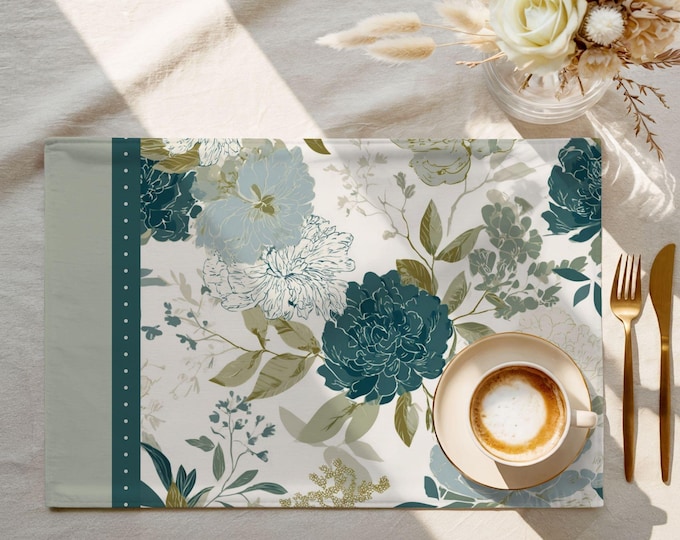 Exclusive Designer Pattern Placemat | 100% Cotton Twill in Dotted Teal Garden