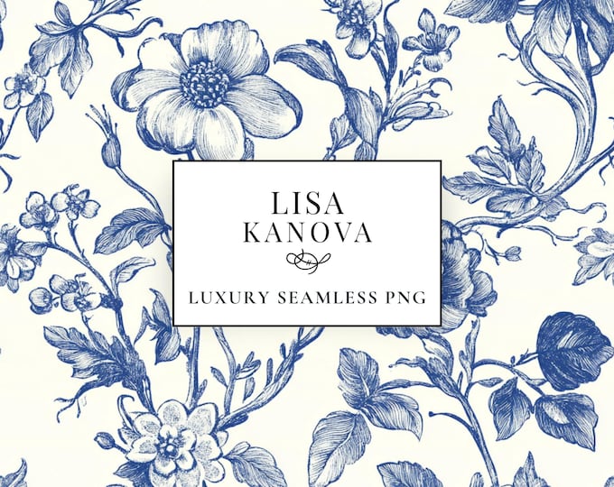 Blue Floral Toile Seamless Pattern, Elegant Textiles (PNG Download)