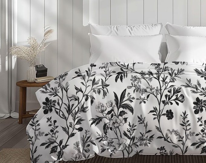 Black Floral Pattern Cotton Duvet Cover | Botanical Bedding