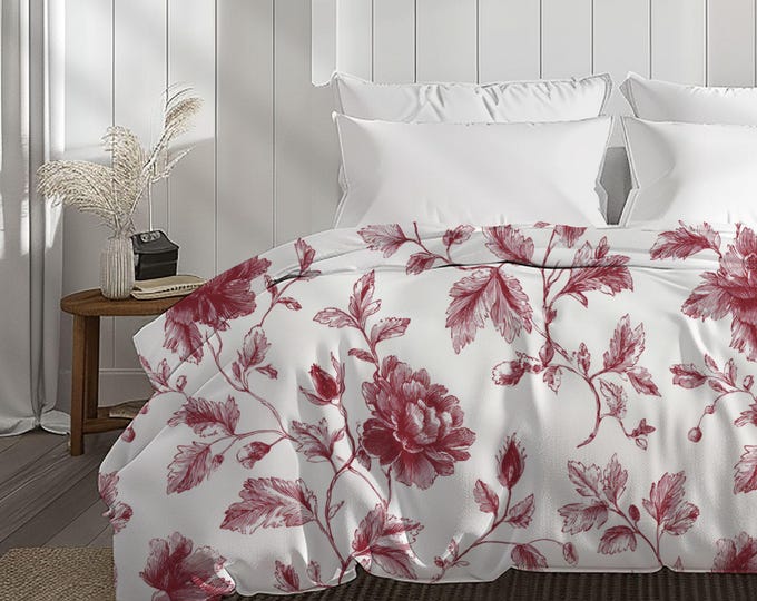 Burgundy Vintage Floral Cotton Duvet Cover | Rose Vine Bedding