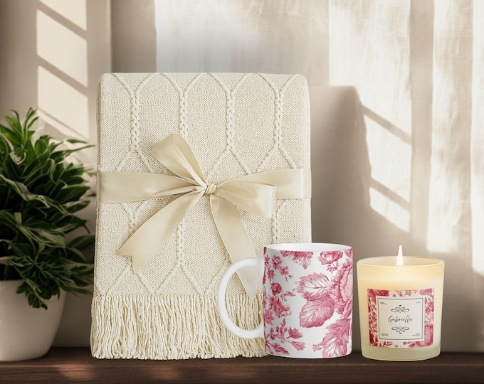 Luxury Personalized Gift Set • Tassel Blanket, Soy Candle & Ceramic Mug