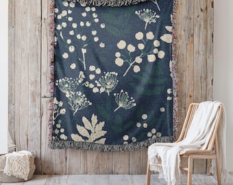 Statement Heirloom Cotton Woven Throw,  A Bold, Curated Textile for Modern Interiors in Blue Botanica in the Evening