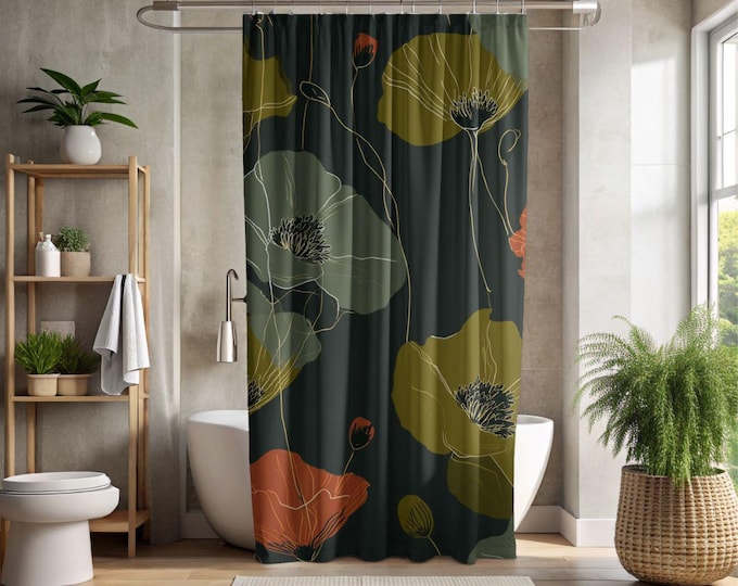 Botanical Poppies Shower Curtain | Dark Floral Bath Curtain